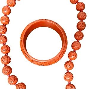 Vintage Chinese Hand Carved Cinnabar Shou longevity beads necklace & bracelet